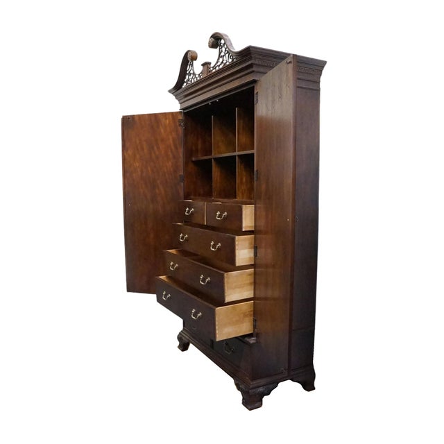 Century Furniture Solid Mahogany Traditional Chippendale Style 47" Clothing Armoire W. Pierced Wood Pediment For Sale - Image 10 of 15