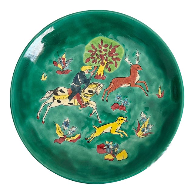 Vintage Limoges Emerald Green Wall Plate With Hunt Scene For Sale