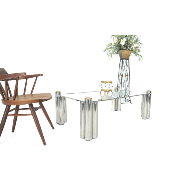 1970s Chrome Finish Stainless Steel Triple Cylinder Leg Frame Rectangle Coffee Table For Sale - Image 5 of 9