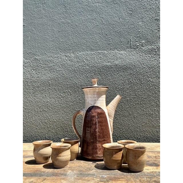 Brown Vintage Original Studio Pottery Tall Teapot With Cups For Sale - Image 8 of 12