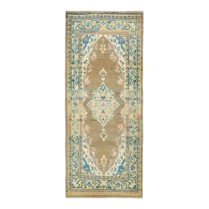 Vintage Turkish Oushak Handmade Wool Cotton Brown Runner Rug