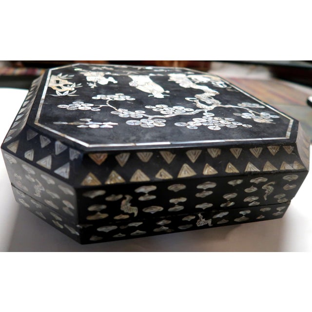 Lovely Lidded Wedding Box of lacquered wood, with mother of pearl inlays. They depict three quite interesting men beneath...