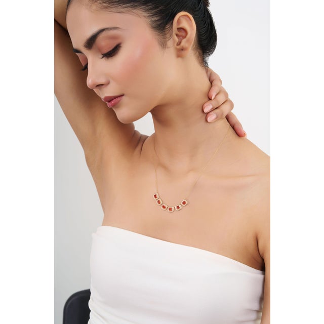 14k Yellow Gold 2.67ct Emerald-Cut Orange Sapphire Diamond Halo Station Necklace For Sale - Image 10 of 16