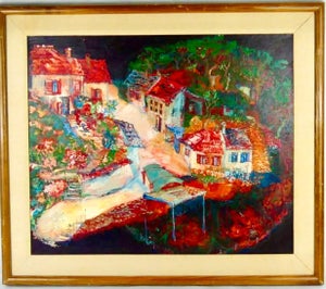 Franz Anton Coufal, Austrian Magic Realist Oil Painting Vibrant Village Landscape Scene Franz Coufal