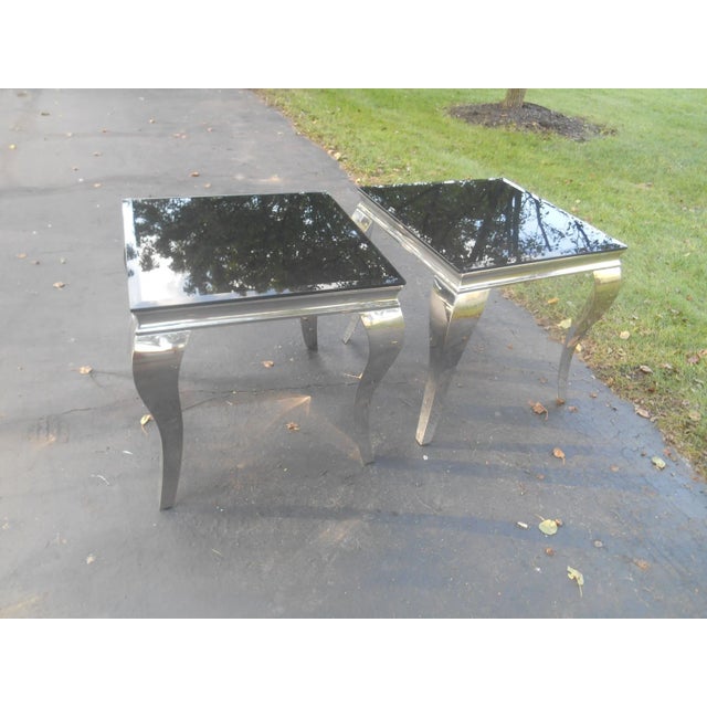 Mid-Century Modern Pair of Designer Chrome and Black Glass Side Tables For Sale - Image 4 of 5