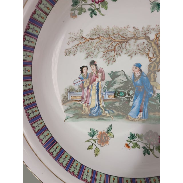 Ceramic Vintage Chinoiserie Famille Rose Hand Painted Figural Large Serving Bowl For Sale - Image 7 of 11