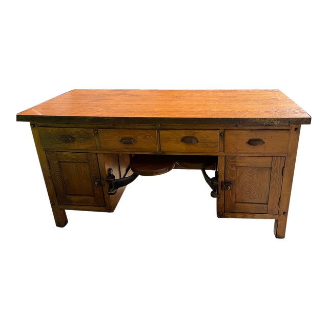 Vintage Industrial Desk With Integrated Swing-Out Stools For Sale