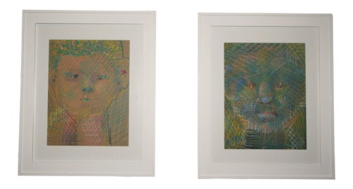 Vintage Abstract Portraits in Pastel, Pair
