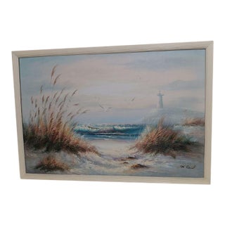 Framed Vintage Seascape Oil Painting on Canvas Lighthouse Sand Dunes by M Grant For Sale
