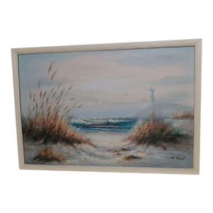 Framed Vintage Seascape Oil Painting on Canvas Lighthouse Sand Dunes by M Grant