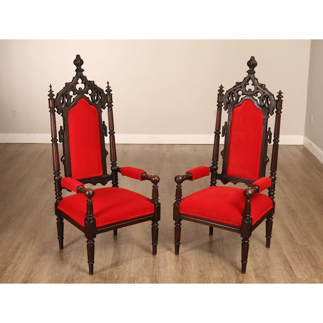 High Quality European Made Gothic Style Throne Armchairs Constructed From Solid Carved Wood With Tall Pierced Backs And...