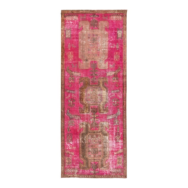 Pink Vintage Distressed Persian Wool Rug With Tribal Design For Sale