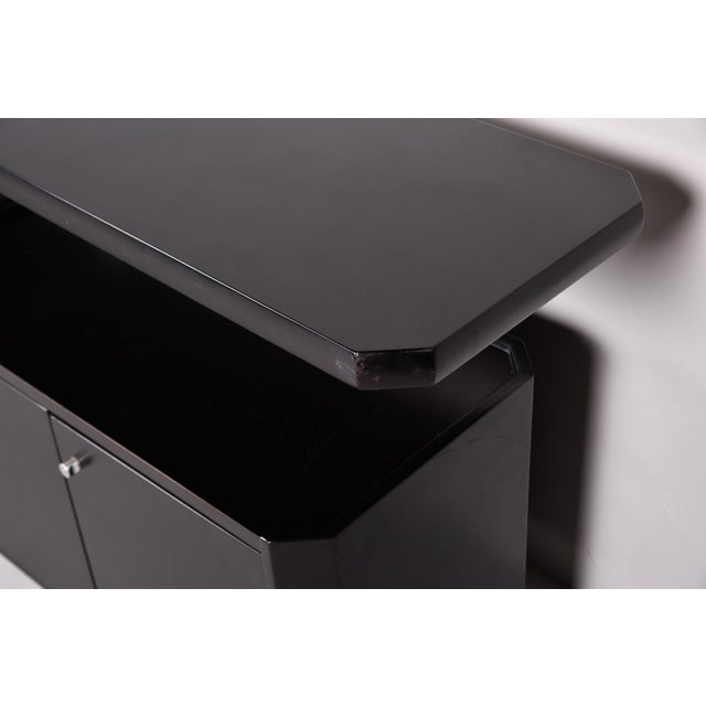 Wood Large 1990s Mid Century Italian Two Tier Credenza With Black Finish and Hinged Base For Sale - Image 7 of 12
