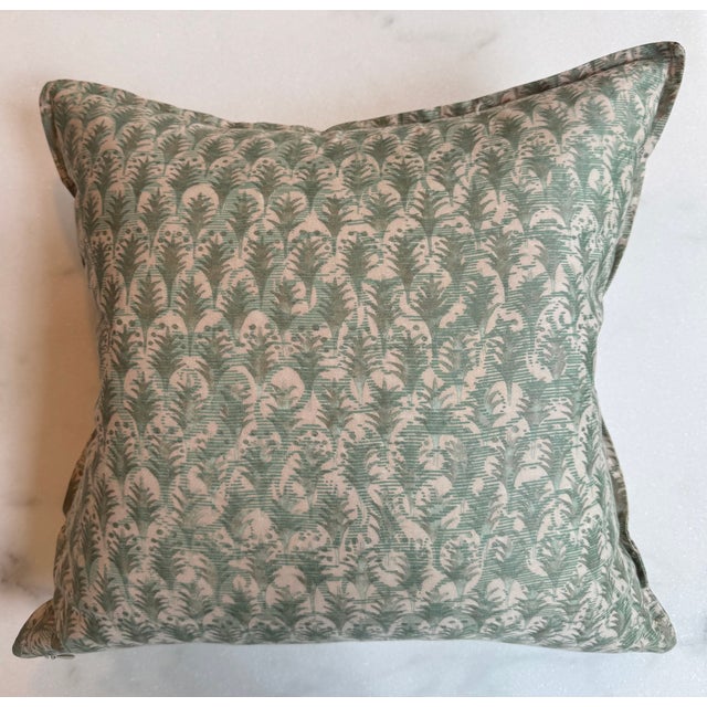 Pair of 18" square Fortuny fabric down and feather throw pillows. Fabric is Piumette Pink, Aquamarine & Gold. Self flange...