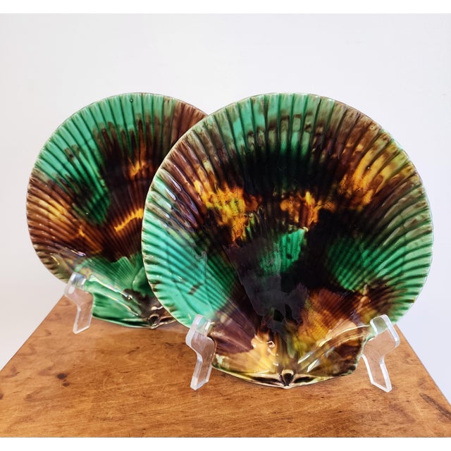 Ceramic 19th Century Wedgwood Majolica Green & Brown Tortoiseshell Glazed Shell Plates - Set of 2 For Sale - Image 7 of 12