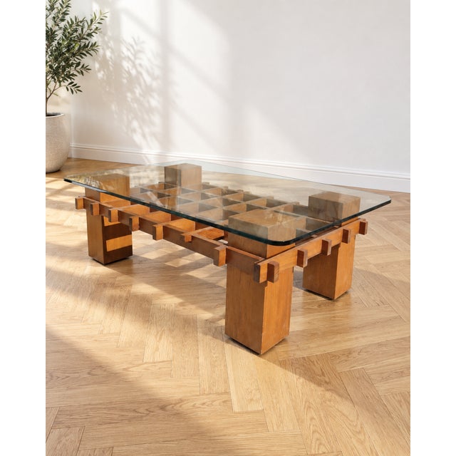 1970s Mid-Century Modern Italian Wood and Glass Coffee Table, 1970s For Sale - Image 5 of 11