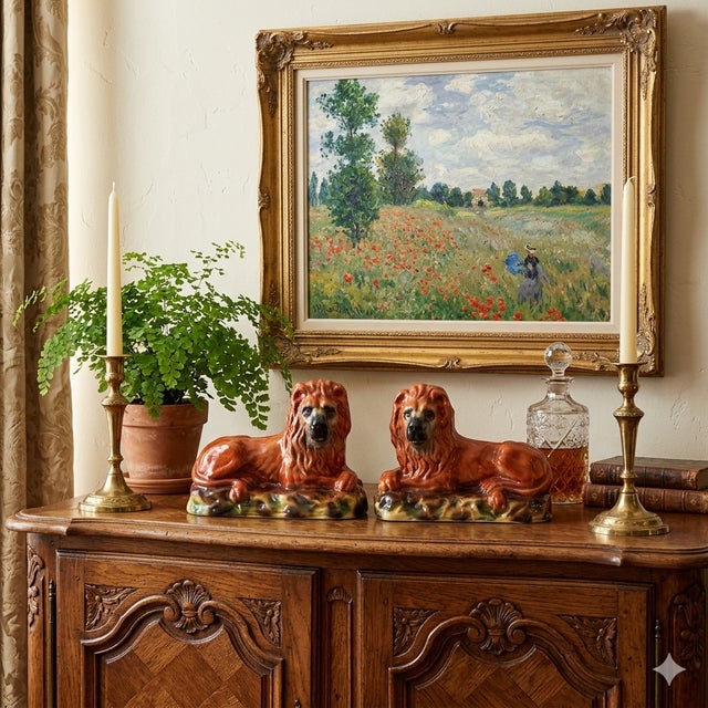 Large 19th-Century English Victorian era Staffordshire recumbent lions with glass eyes. These antique statement size...