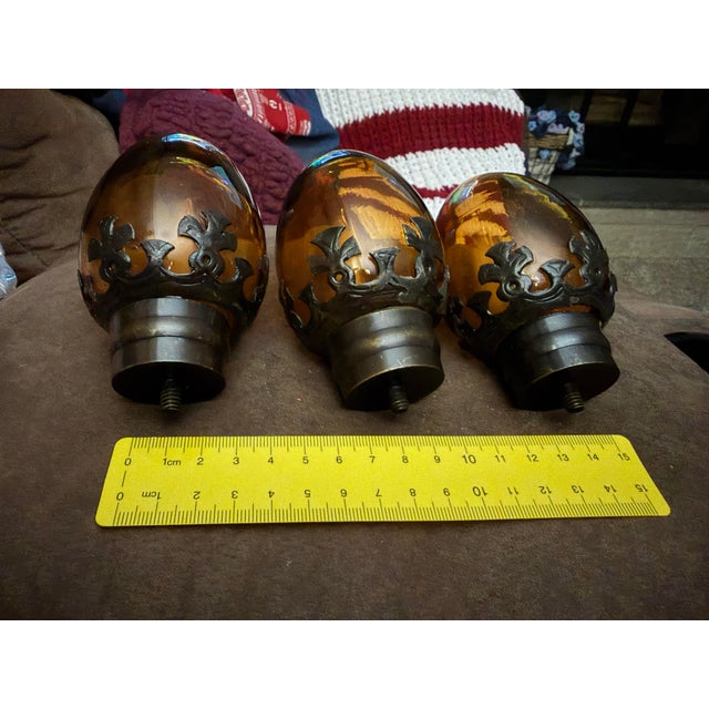 Lot of 3 Vintage Spanish Revival Amber Glass Lamp Finials Architectural Drops 5.3"Description:Up for sale is a rare,...