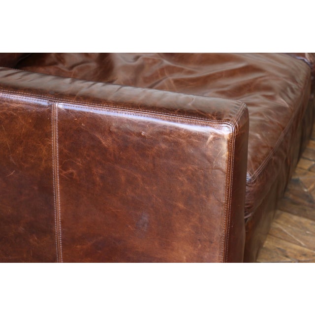 Brown Restoration Hardware Brown Leather Two-Seat Sofa With Rich Patina For Sale - Image 8 of 18