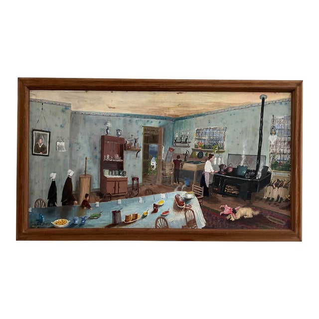 Outsider Art Primitive Amish Kitchen Scene by Mama Mary K. (C. 1950s–1970s) For Sale