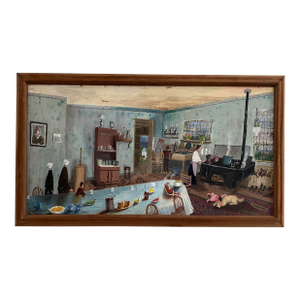 Outsider Art Primitive Amish Kitchen Scene by Mama Mary K. (C. 1950s–1970s)