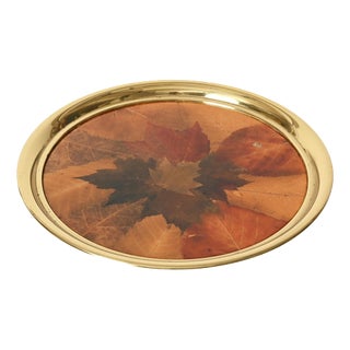 Round Gilt Brass, Leaves and Acrylic Glass Tray from Montagnani Firenze, Italy, 1970s For Sale