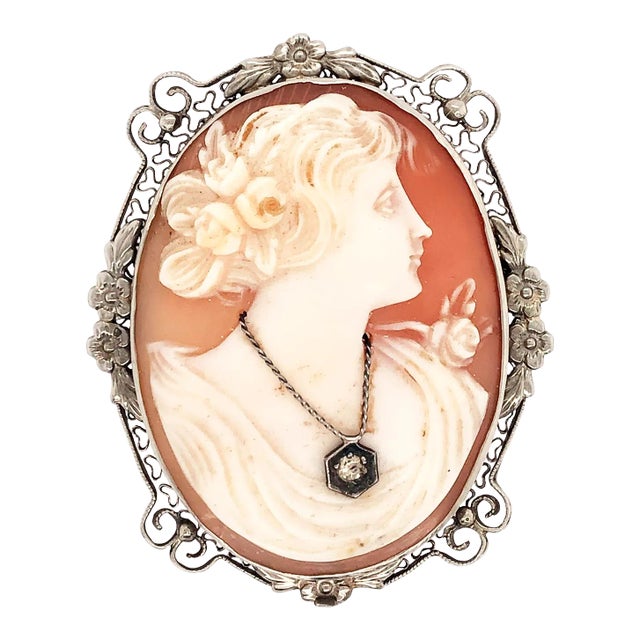 Art Nouveau White Gold Shell Cameo Pin Pendant For Sale