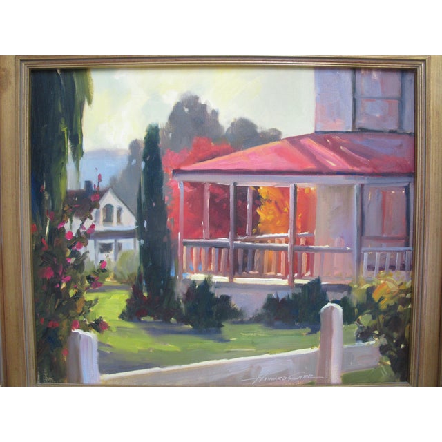 Howard Carr (1947, American/Arizona) original oil painting in gilt wood frame. Painting showing a Summer neighborhood...
