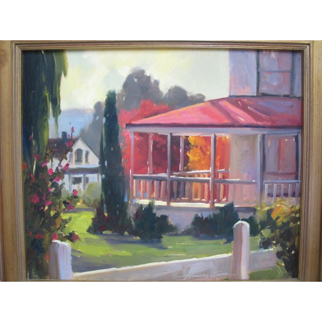 Howard Carr (1947, American/Arizona) original oil painting in gilt wood frame. Painting showing a Summer neighborhood...