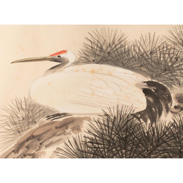 Textile Late Meiji to Early Showa Era Japanese Watercolor Painting, "Red-Crowned Crane and the Pine Tree" For Sale - Image 7 of 12