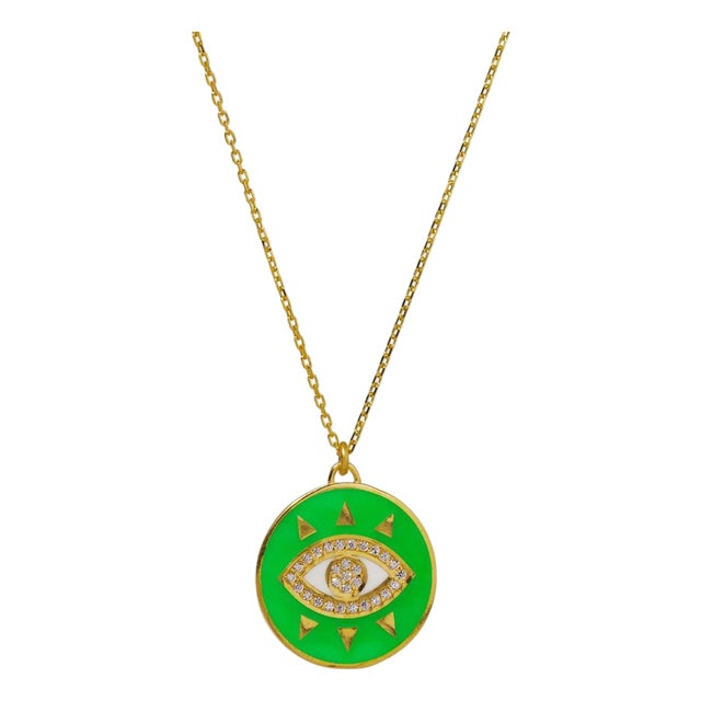 Cheerful Neon Green Evil Eye & Diamond Pendant Gold Chain Necklace For Sale