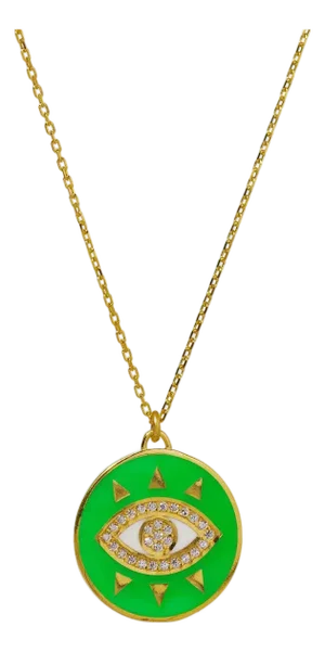 Cheerful Neon Green Evil Eye & Diamond Pendant Gold Chain Necklace