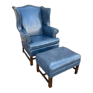 Ethan Allen Chippendale Style Blue Leather Wingback Armchair With Ottoman