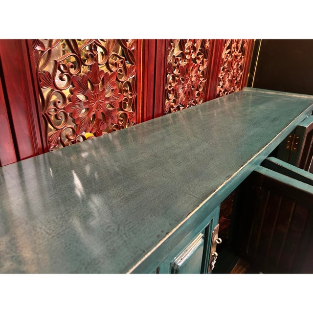 Asian Style Distressed Rustic Teal Blue Low Tv Console Table Cabinet For Sale In San Francisco - Image 6 of 6
