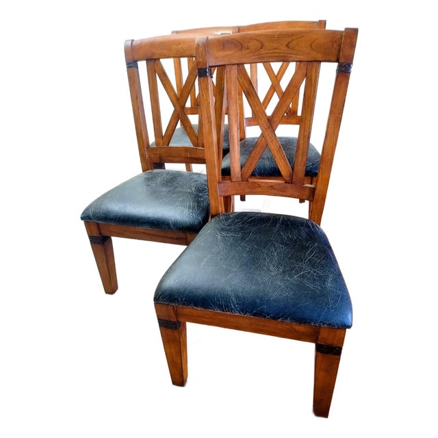 Four Solid Wood Dining Chairs, Decorated With Leather Strips. For Sale