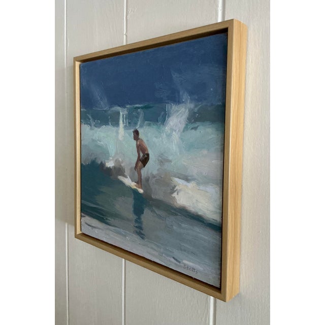 This beach painting depicting a surfer, by contemporary American artist Doug Stotts, is a dynamic small painting. The oil...