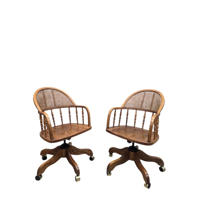 Vintage Cane Back Swivel Captain’s Desk Chairs by Min-Lee – Pair For Sale - Image 4 of 12