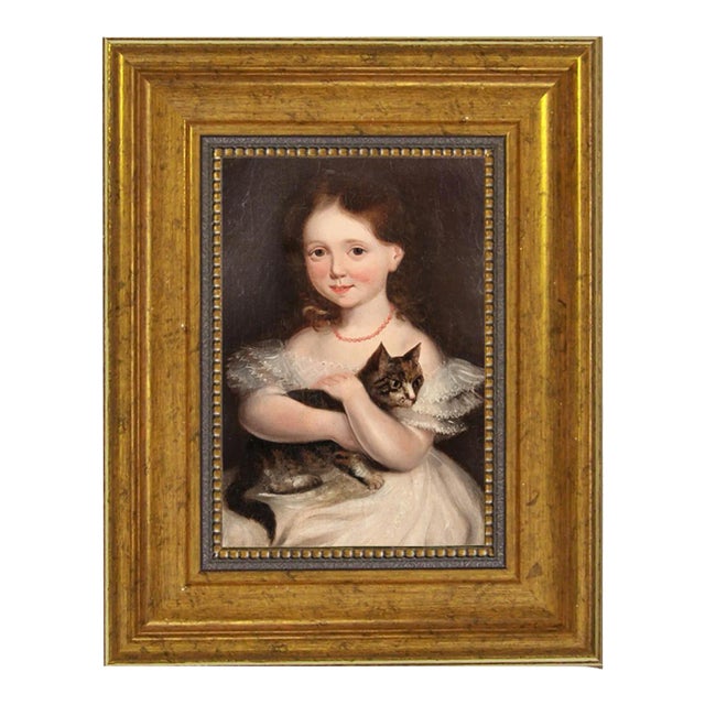 "Girl With Cat" Contemporary Reproduction Print on Canvas, Framed in Antiqued Gold Frame For Sale