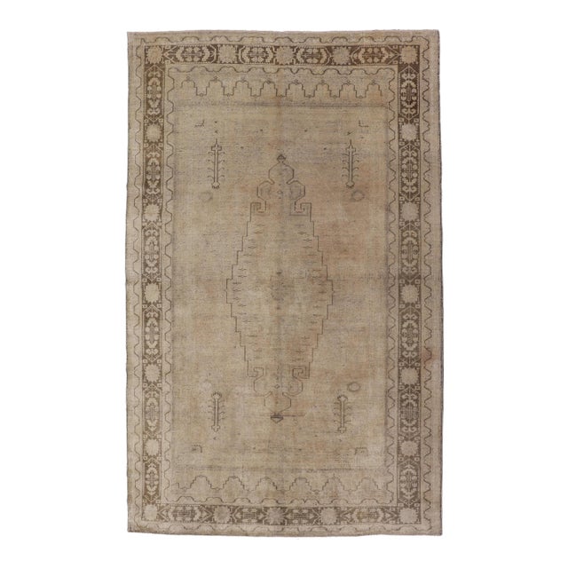 Vintage Turkish Oushak Rug With Tribal/Floral Medallion Design in Tan and Taupe For Sale