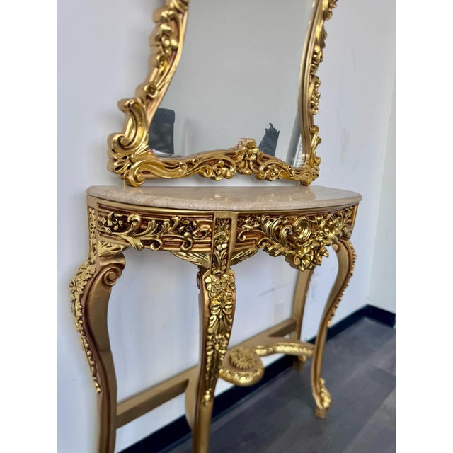 Rococo Grand French Rococo Gold Leaf Console Table With Ornate Mirror & Light Marble Top – Luxury Entryway Set For Sale - Image 3 of 6