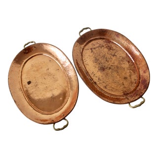 Vintage Mid Century Copper Brass Oval Hammered Decorative Serving Trays With Patina-A Pair For Sale