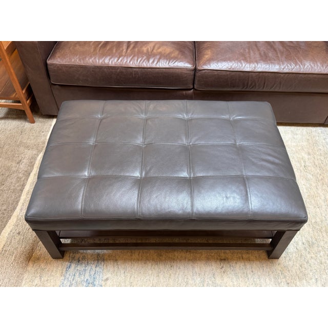 2010s Arhaus Kent Leather Ottoman With Lower Trays For Sale - Image 5 of 14