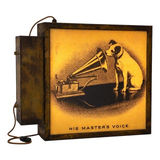 Mid-Century Industrial Illuminated Double-Sided Sign Cabinet with His Master's Voice Panels, 1950 For Sale