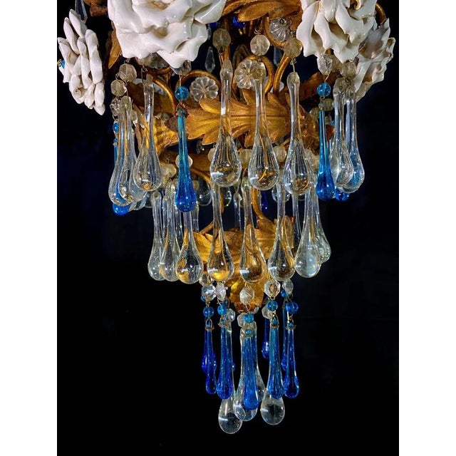 Chandelier with White Roses and Blue Drops, Murano, 1950s For Sale - Image 13 of 18
