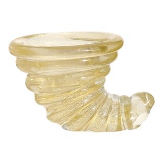 Murano Barovier Toso Gold Flecks Italian Art Glass Mid Century Seashell Ring Dish Sculpture For Sale