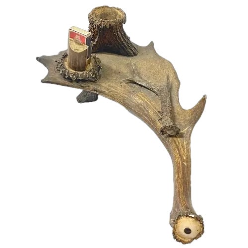 Antique antler match striker with antler tray, match cup, and matches. No maker's marks.