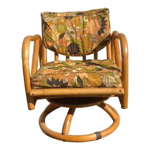 Mid Century Modern Ritts Tropitan Style Rattan & Bamboo Swivel Chair