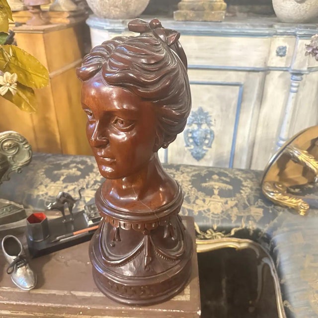 Wood 1900s A Sicilian Art Nouveau Wood Sculpture of a Bust of a Young Woman For Sale - Image 7 of 17