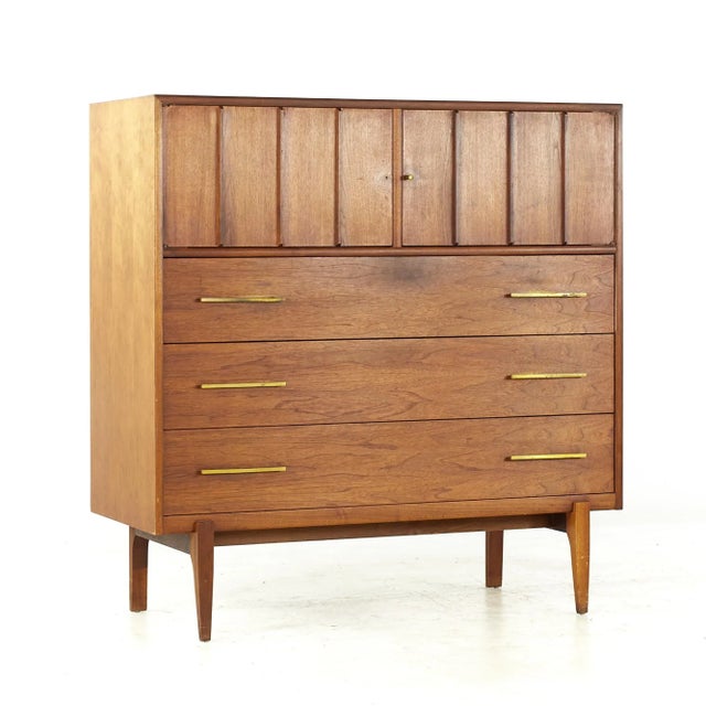 Jack Cartwright Style Ramseur Mid Century Walnut and Brass Highboy Dresser For Sale - Image 11 of 11