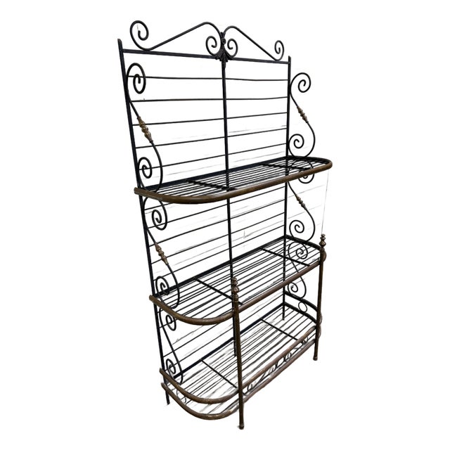 Vintage French Country or Mediterranean Style Wrought Iron Brass Baker’s Rack For Sale
